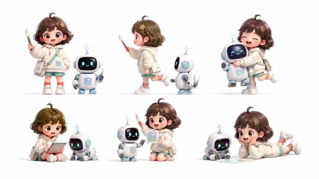 女孩与机器人多姿态创作互动，示意图生图与角色续写