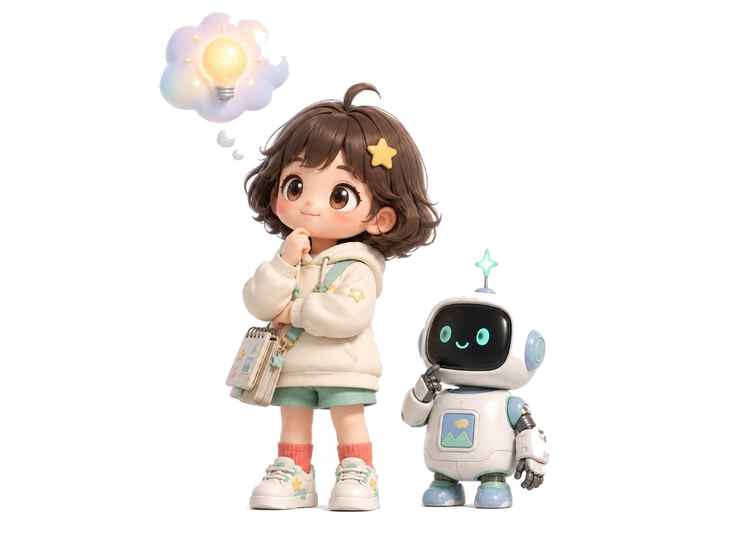 A girl and a robot thinking about ideas together