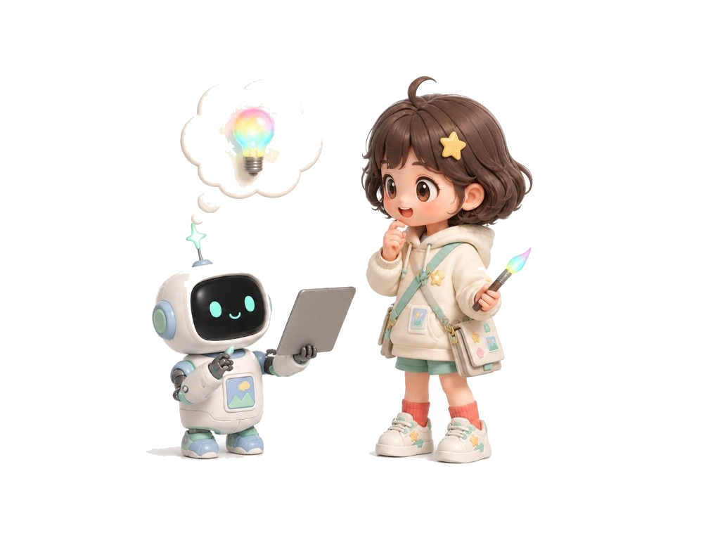 女孩手持画笔，机器人准备接收提示
