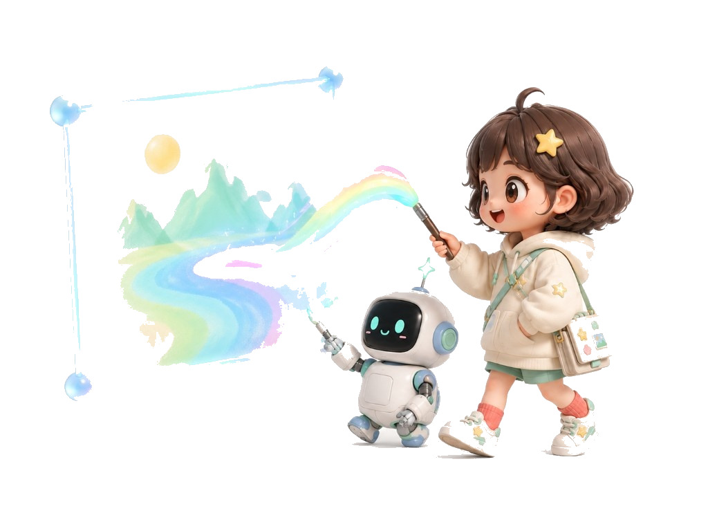 A girl and a robot creating on a digital canvas